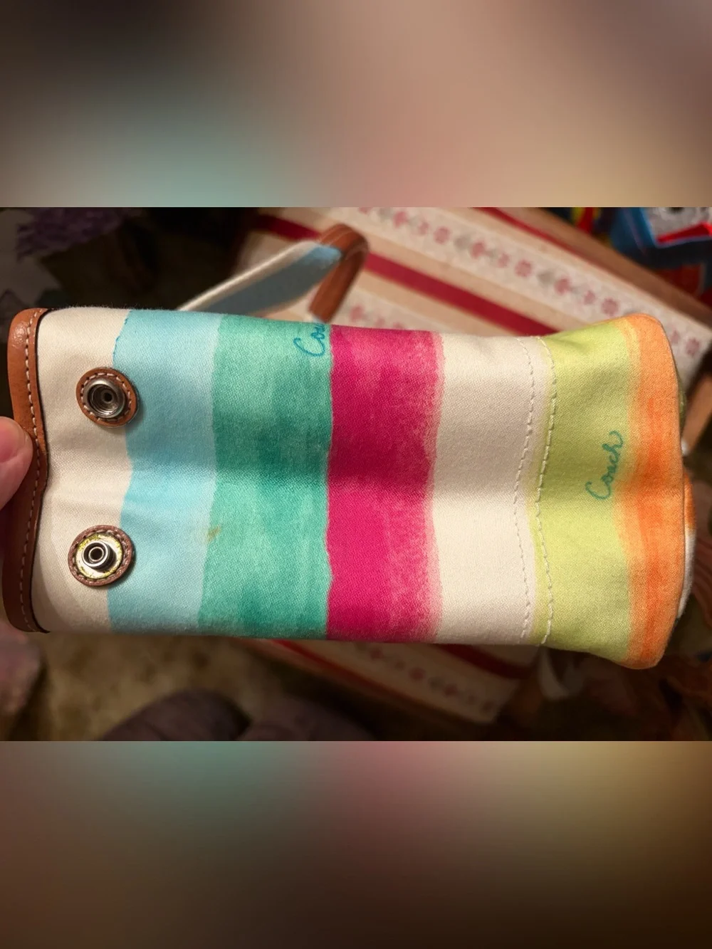 Vintage Coach Hampton Watercolor Striped Canvas Tote Bag
